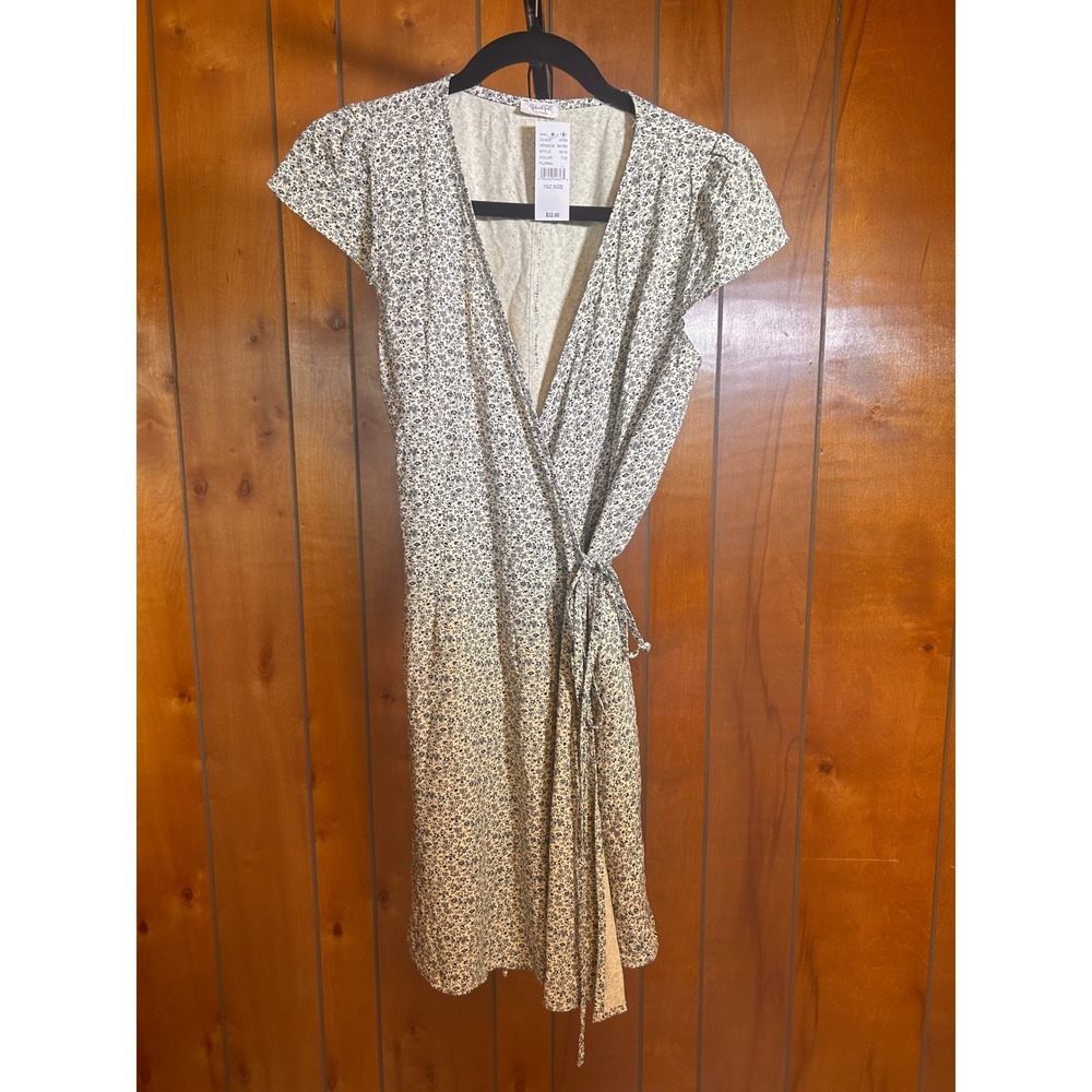 John Galt Wrap Dress Women One Size Cream Navy NWT Floral Short Sleeve Mini